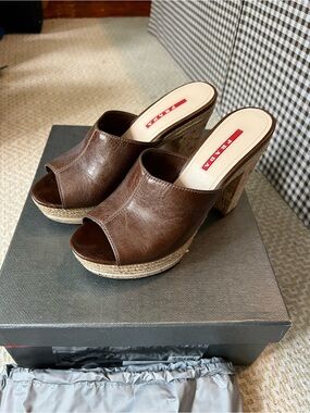 Prada Sport Brown Leather Clogs